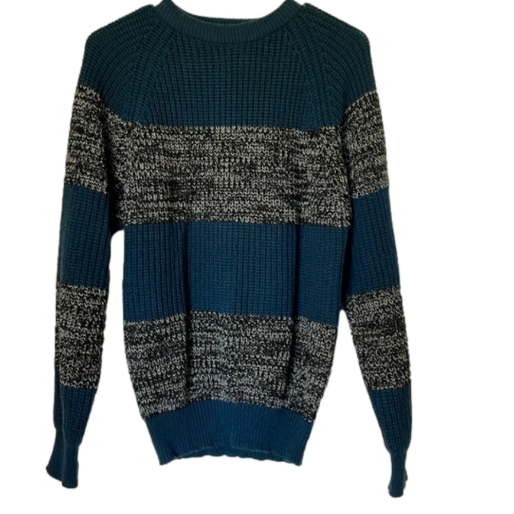 MAX Vintage 1980s Knit Strip Pullover Sweater, Women’s L, Blue Black